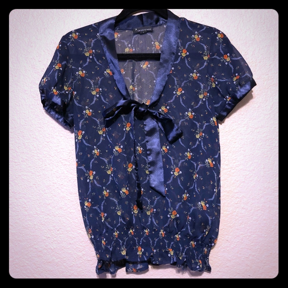 TwentyOne Navy Blue Tie Neck Blouse
